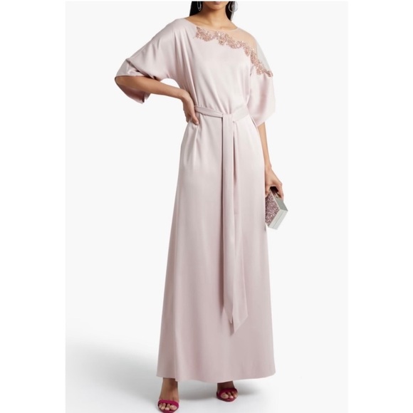 Marchesa Notte Embellished tulle-paneled silk-satin gown in pink blush NWT